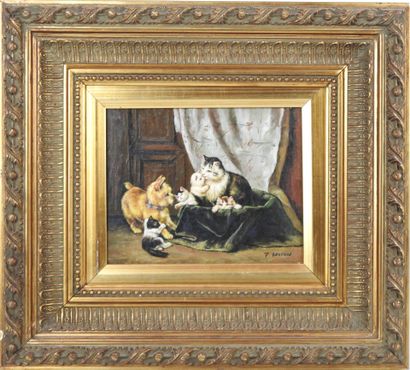 P. BESSON (XXth). Toileting kittens. Oil...