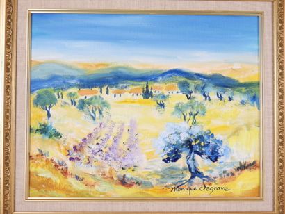 Monique DEGRAVE (XXe) : Paysage méditerranéen....