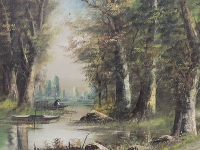 Van HOLZ (XIX-XXe) : Promenade en barque...
