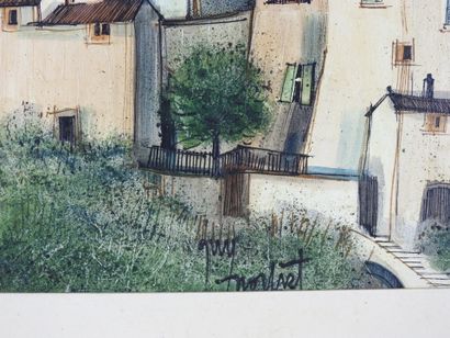 Guy NOCHET (XXe) : Vue des habitations. Huile...