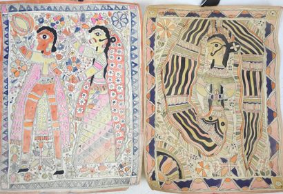INDE. Divinités. Deux dessins à l'encre et...