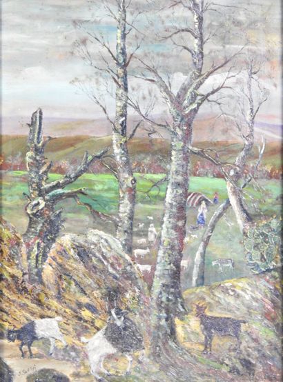 J. SANTINI (20th). Landscape animated with...