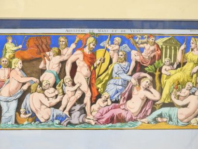 DEUX ENCADRES comprenant six gravures rehaussées...