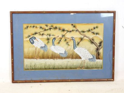 ASIE : Grues. Gouache sur soie. 67 x 98 ...