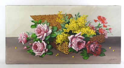 A. VIDAL (XXe) : Roses et mimosa. Huile sur...