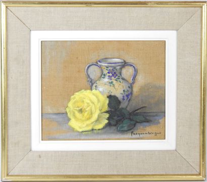 École XXe. Nature morte à la rose jaune....