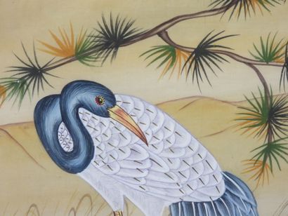 ASIE : Grues. Gouache sur soie. 67 x 98 ...