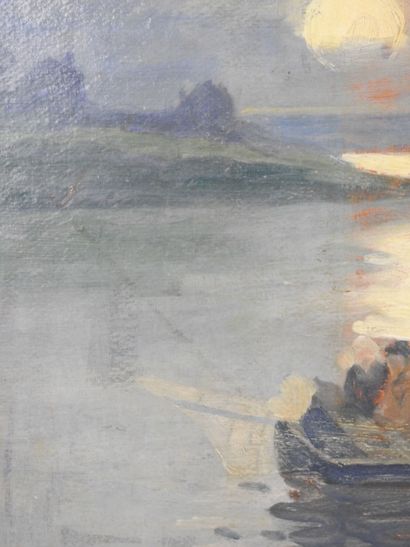 J. LE BAZ (XXth). Fishing. Oil on panel....