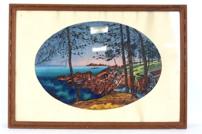 RIVIERE (XXe) : Paysage méditerranéen. Aquarelle....