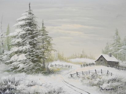 BRENNER (20th): Snowy landscape. Oil on canvas....