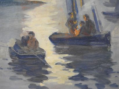J. LE BAZ (XXth). Fishing. Oil on panel....