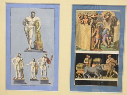 DEUX ENCADRES comprenant six gravures rehaussées...