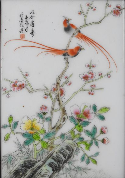 CHINE XXe. Oiseaux branchés. Peinture sur...