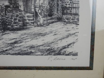 Pierre BRUNO (XXe) : Vue de village. Lithographie....