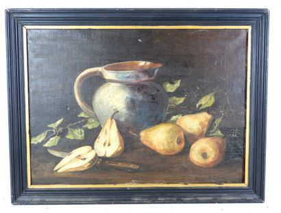 A. POINT (20th): Still life with pears. Oil...