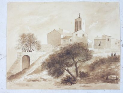 Ecole du XIXème siècle : Paysage animé de...