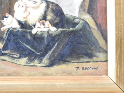 P. BESSON (XXth). Toileting kittens. Oil...