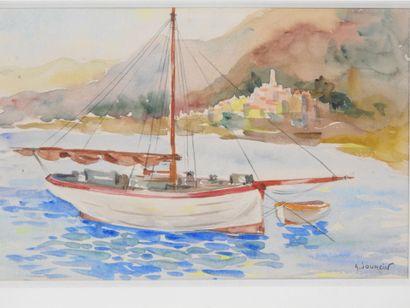 A. JOURCIN (20th): View of sailboat. Watercolor....