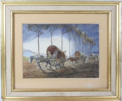 Ecole du XXème siècle : Les calèches. Pastel...