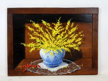 Gilbert SOULIE (XXth): Mimosas. Oil on panel....