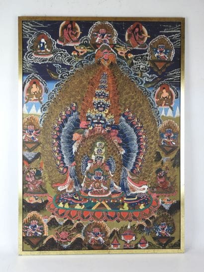 TIBET: Tangka decorated with deities. Gouache...