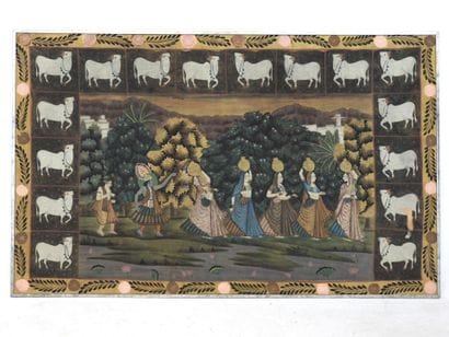 INDIA: Procession of women. Gouache on silk...
