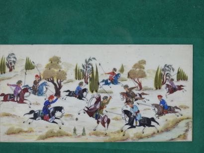 IRAN : scène de chasse. Gouache sur plaquette,...