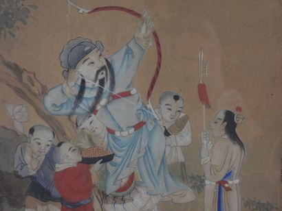 CHINE : Introduction au tir à l'arc. Gouache,...