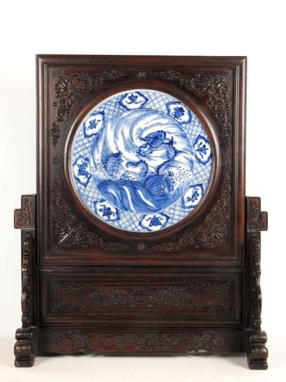 CHINA: Large carved exotic wood screen adorned...