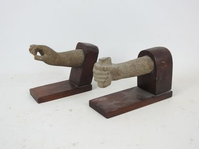 Two hands of an ancient stone statue of Vishnu,...