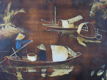Nguyen THU (1930-2023) : Paysage animé. Panneau...