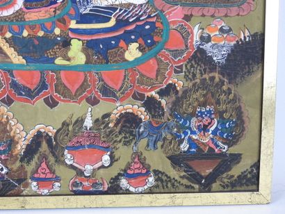 TIBET: Tangka decorated with deities. Gouache...