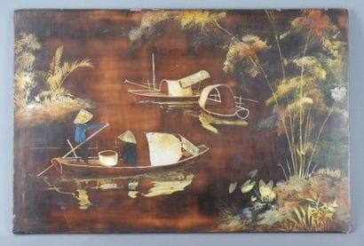 Nguyen THU (1930-2023) : Paysage animé. Panneau...