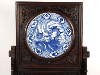 CHINA: Large carved exotic wood screen adorned...