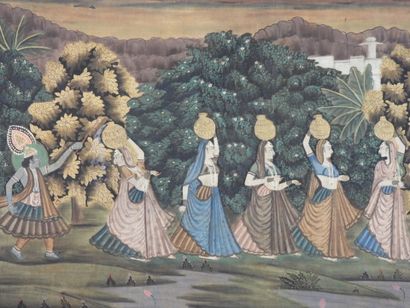 INDIA: Procession of women. Gouache on silk...