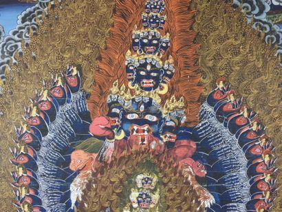 TIBET: Tangka decorated with deities. Gouache...
