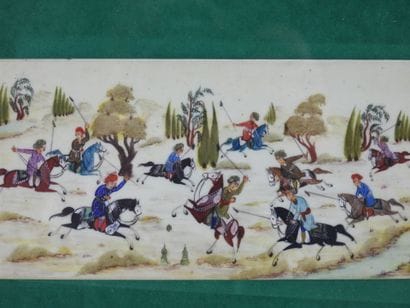 IRAN : scène de chasse. Gouache sur plaquette,...