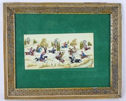 IRAN : scène de chasse. Gouache sur plaquette,...