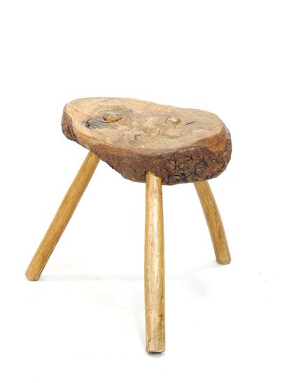 PAIR OF Brutalist tripod wooden TABOURETS....