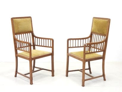 Pair of ARTS CRAFTS armchairs in wood and...