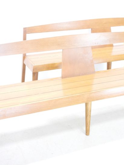 Pair of wooden benches on six legs. Circa...