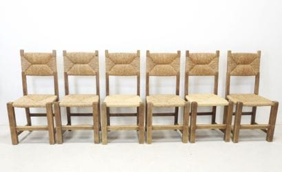 SIX wood and straw CHAIRS. H 93 - W 43 -...