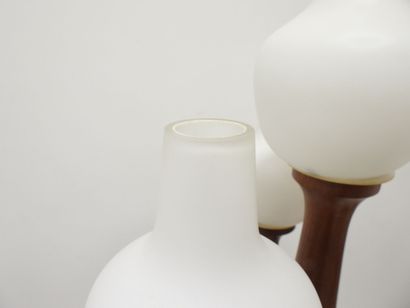 Large teak floor lamp circa 1970, white opaline...