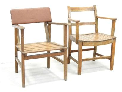 TWO wooden armchairs with slats. Reconstruction...