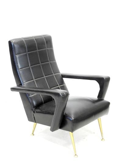 Black skai armchair with wide armrests, brass...