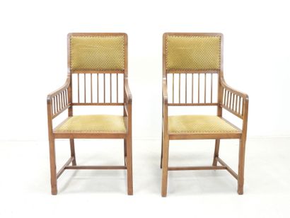 Pair of ARTS CRAFTS armchairs in wood and...