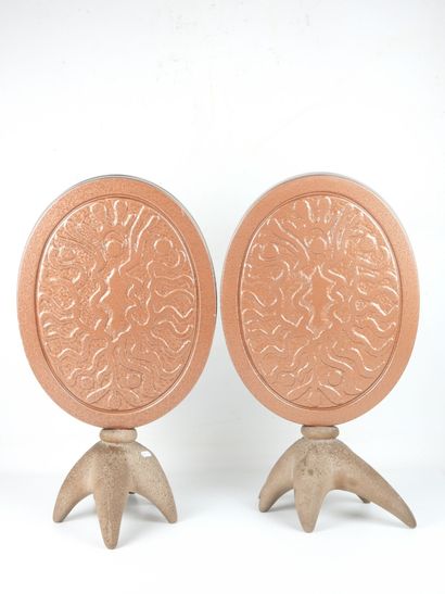 PAIR OF MIRRORS, oval mirror on resin support,...