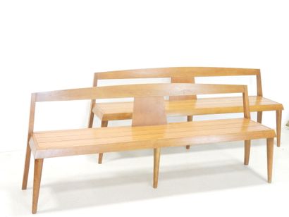 Pair of wooden benches on six legs. Circa...