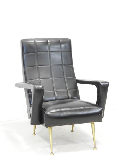 Black skai armchair with wide armrests, brass...