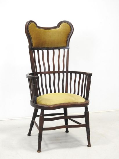 ARTS & CRAFTS wood and velvet wing chair....